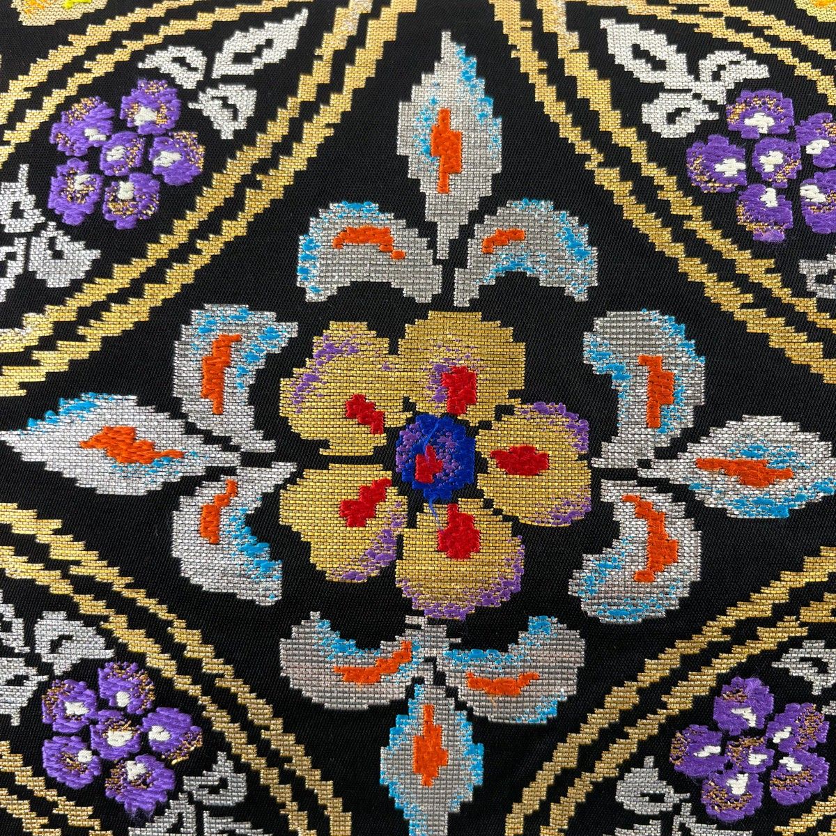 袋帯 逸品 龍村平蔵 落款 関西仕立て 王朝七宝文 箔 金銀糸 黒 六通