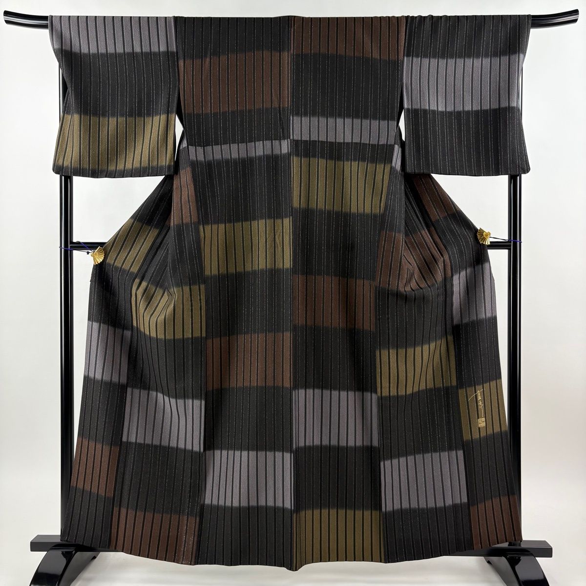 小紋 身丈161cm 裄丈69cm L 単衣 斉藤上太郎 落款 変わり市松 縦縞 箔