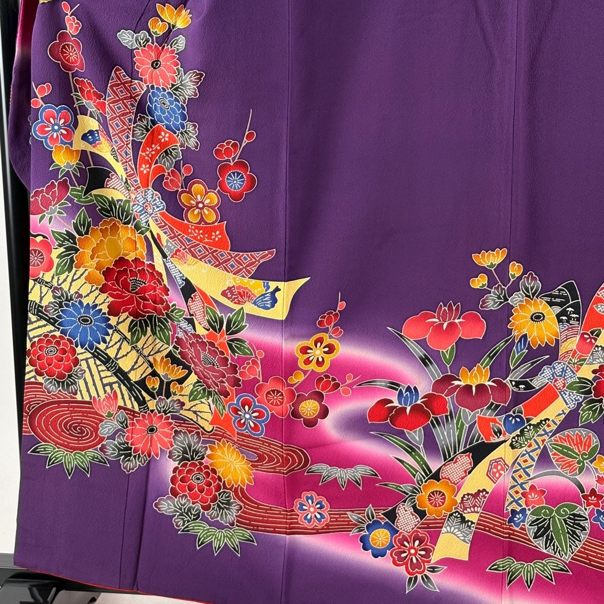 振袖 身丈159.5cm 裄丈68cm L 袷 牡丹 束ね熨斗 染め分け ぼかし 紫