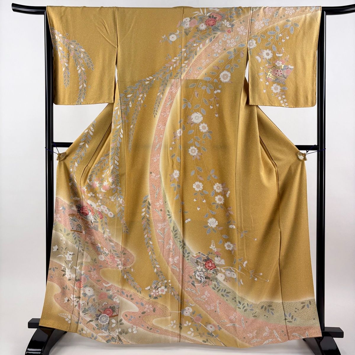 美品】 訪問着 身丈165cm 裄丈65cm M 袷 桧扇 草花 金彩 ぼかし 黄土色