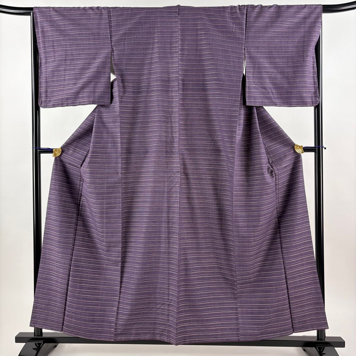 美品】 紬 身丈158.5cm 裄丈66cm M 袷 古紅花玉絣 証紙 縞 紫 正絹