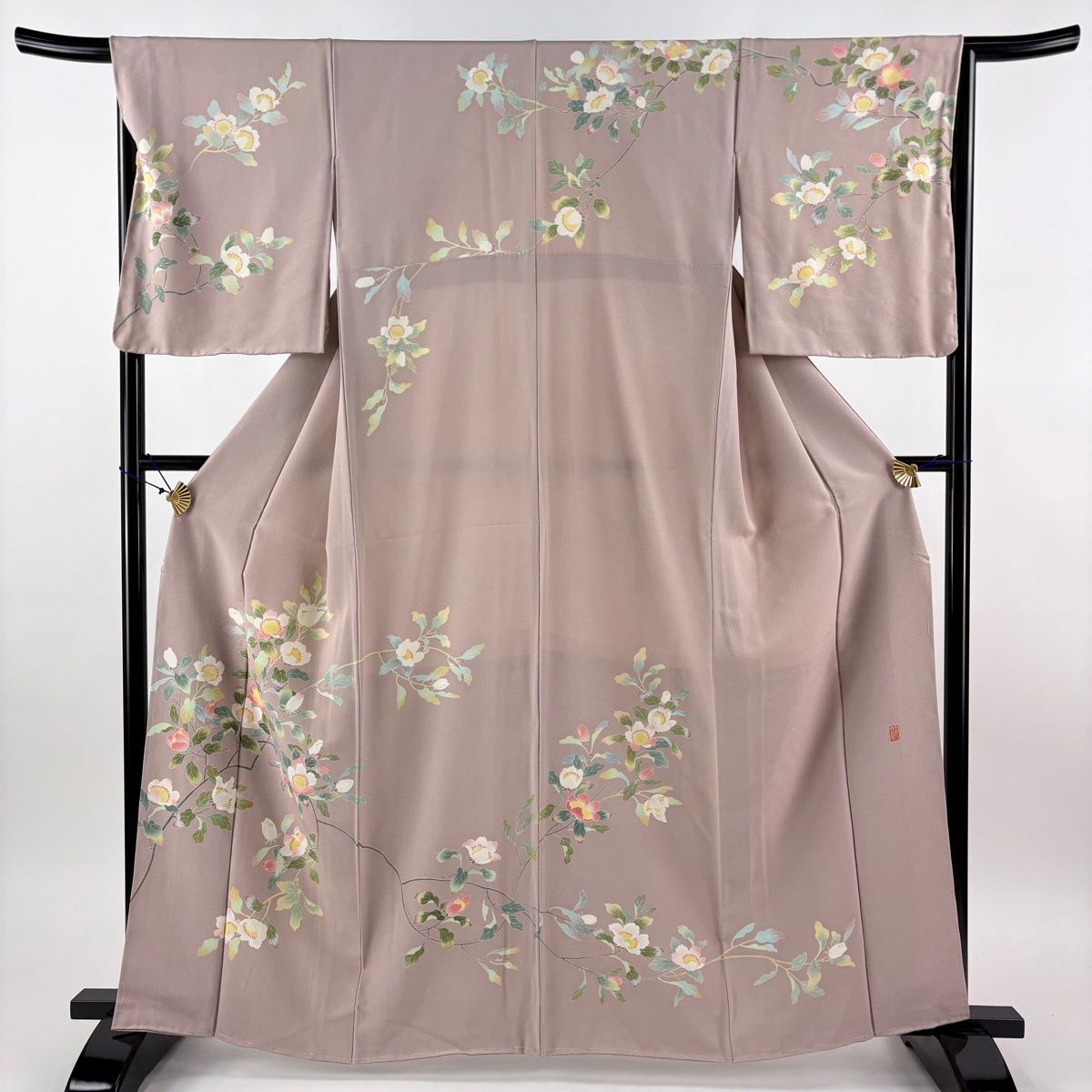 訪問着 身丈163.5cm 裄丈66cm M 袷 落款 枝花 ピンクベージュ 正絹