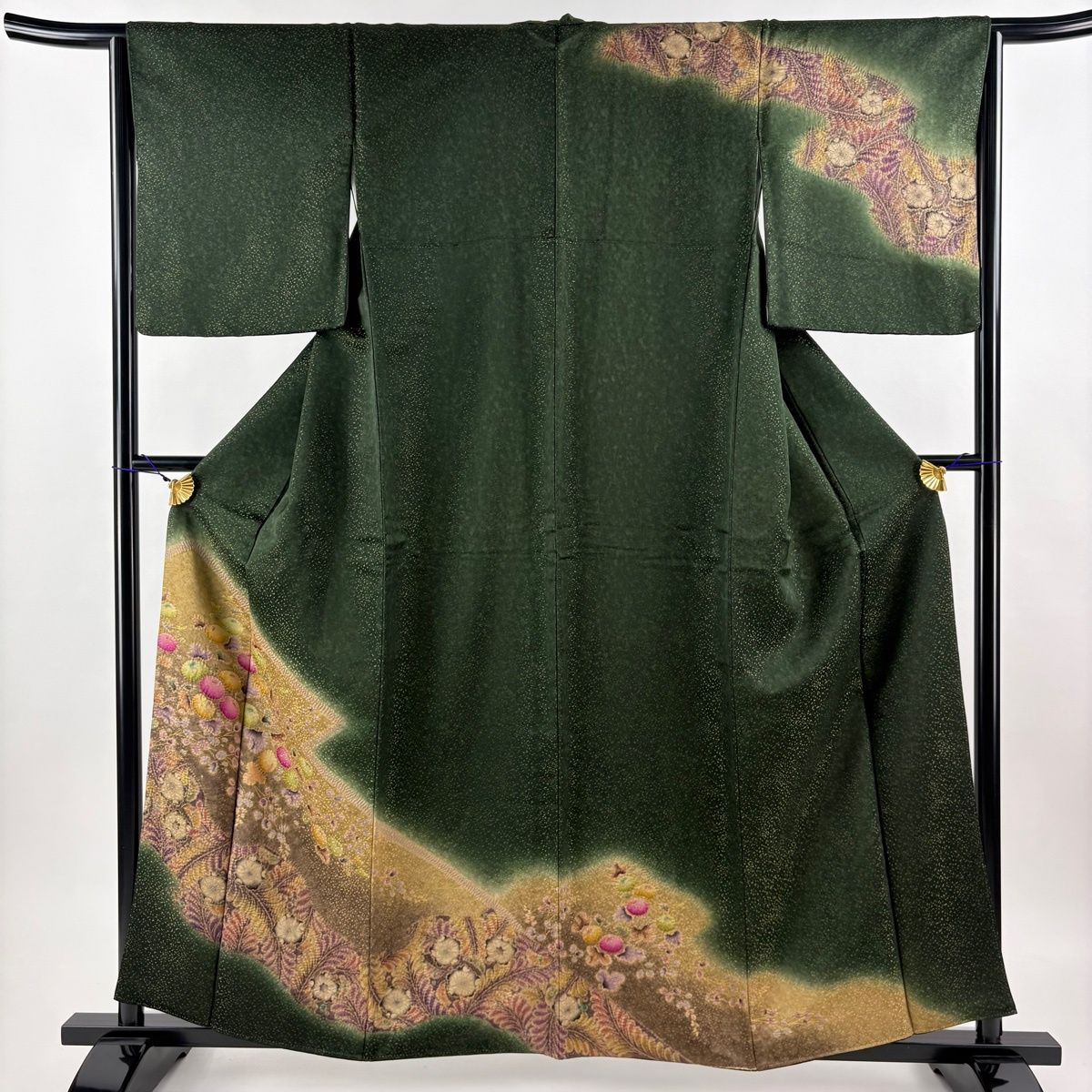 訪問着 身丈159.5cm 裄丈64cm M 袷 万寿菊 辻が花柄 金通し 絞り 深緑