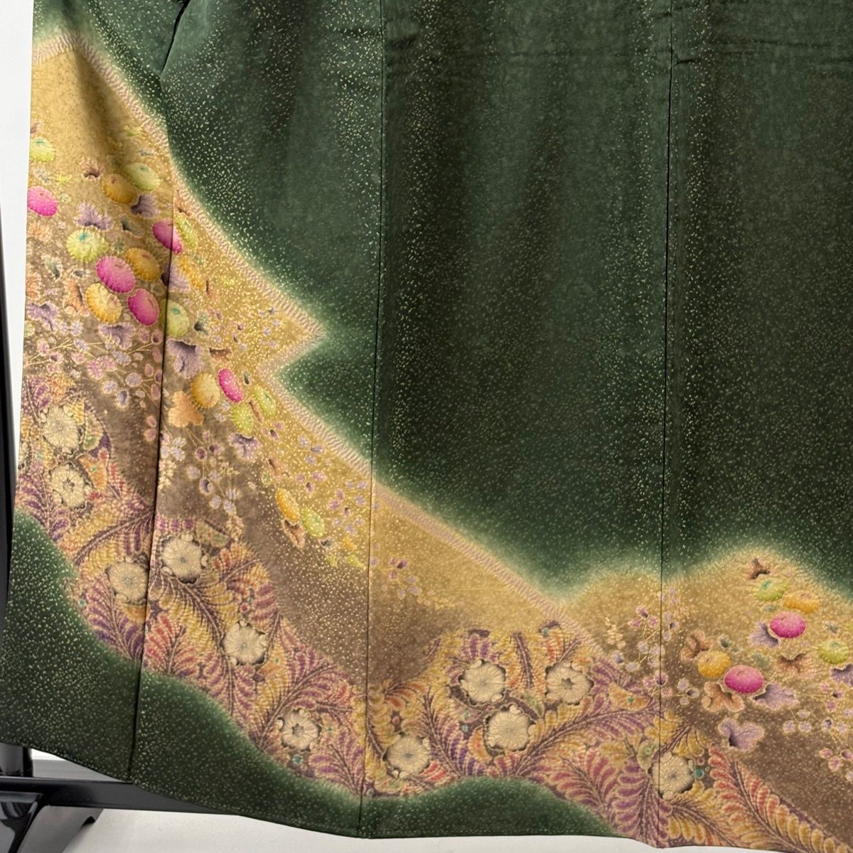 訪問着 身丈159.5cm 裄丈64cm M 袷 万寿菊 辻が花柄 金通し 絞り 深緑