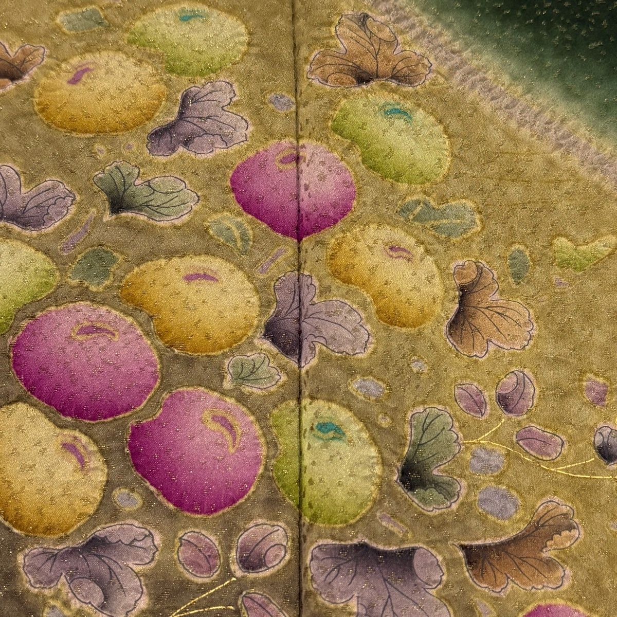 訪問着 身丈159.5cm 裄丈64cm M 袷 万寿菊 辻が花柄 金通し 絞り 深緑