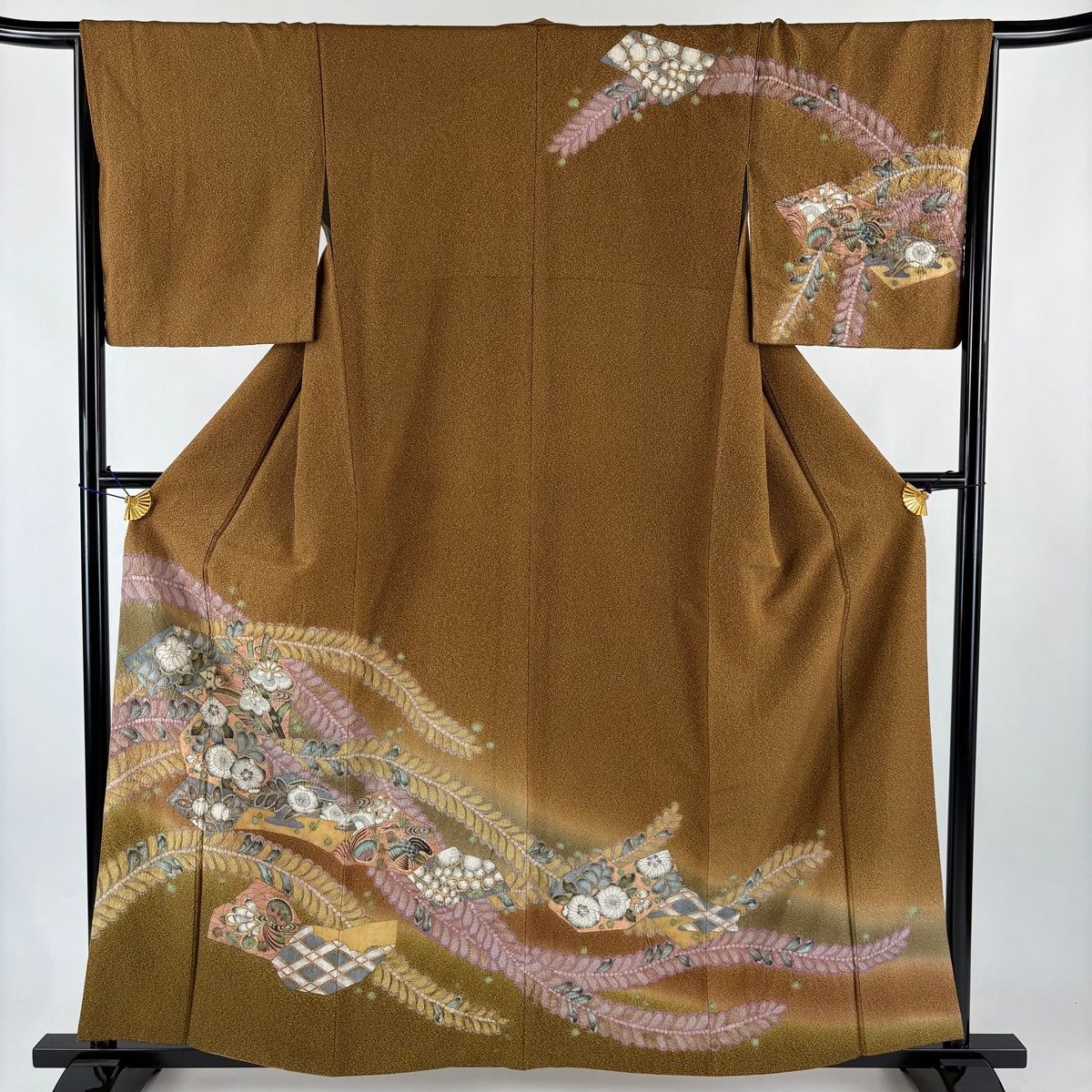訪問着 身丈159cm 裄丈66.5cm M 袷 辻が花 鳥 金通し ぼかし 山吹茶色