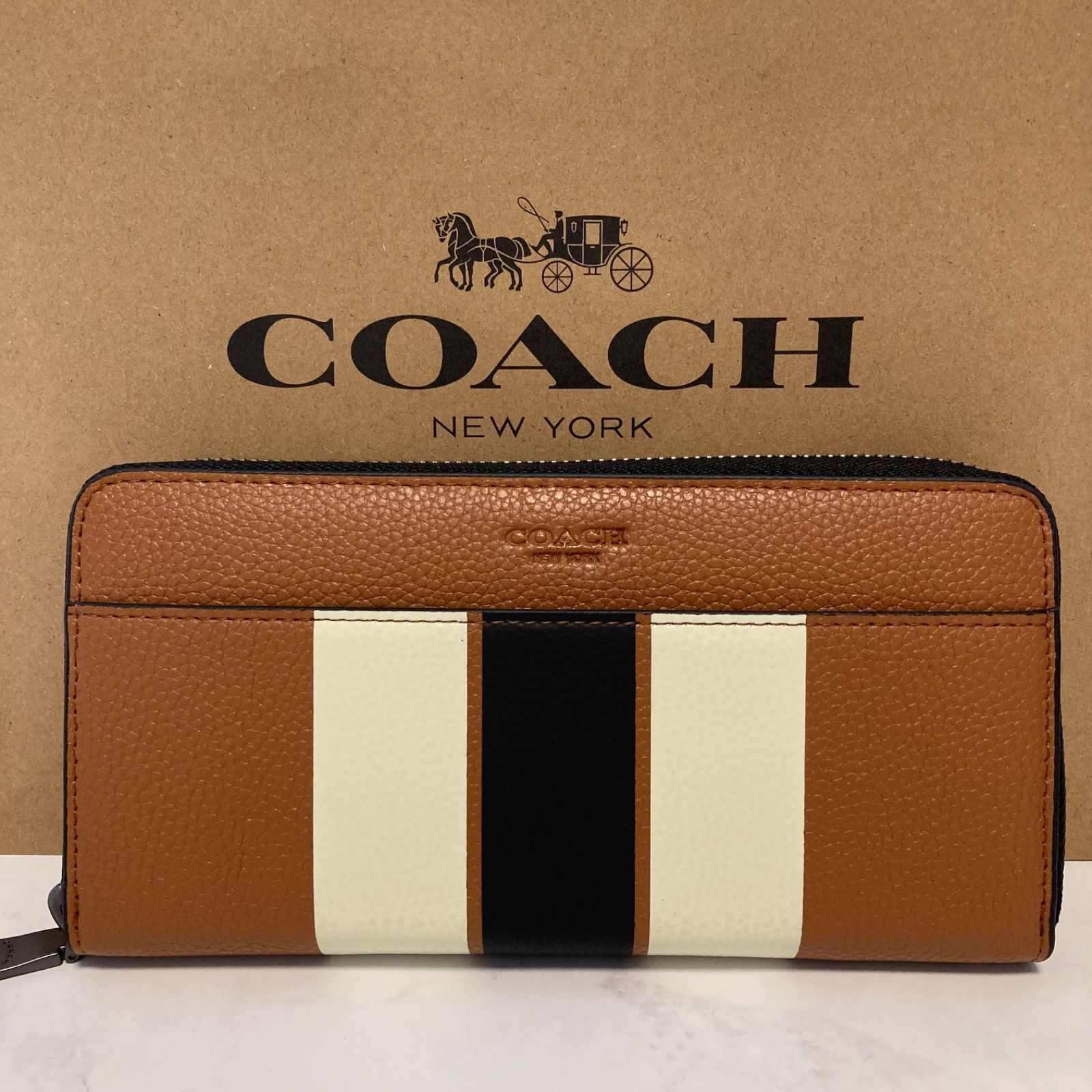 オンライン注文 COACH 長財布 ブラウン ブラック ホワイト ライン 