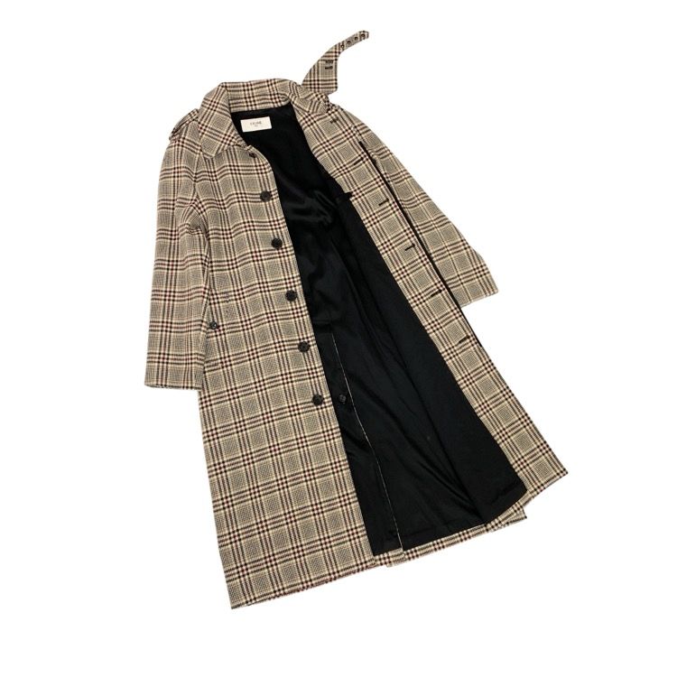 CELINE セリーヌ シングル トレンチ ウール コート チェック柄