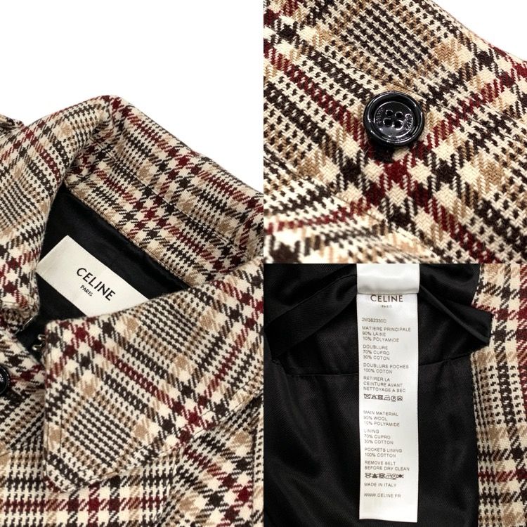 CELINE セリーヌ シングル トレンチ ウール コート チェック柄