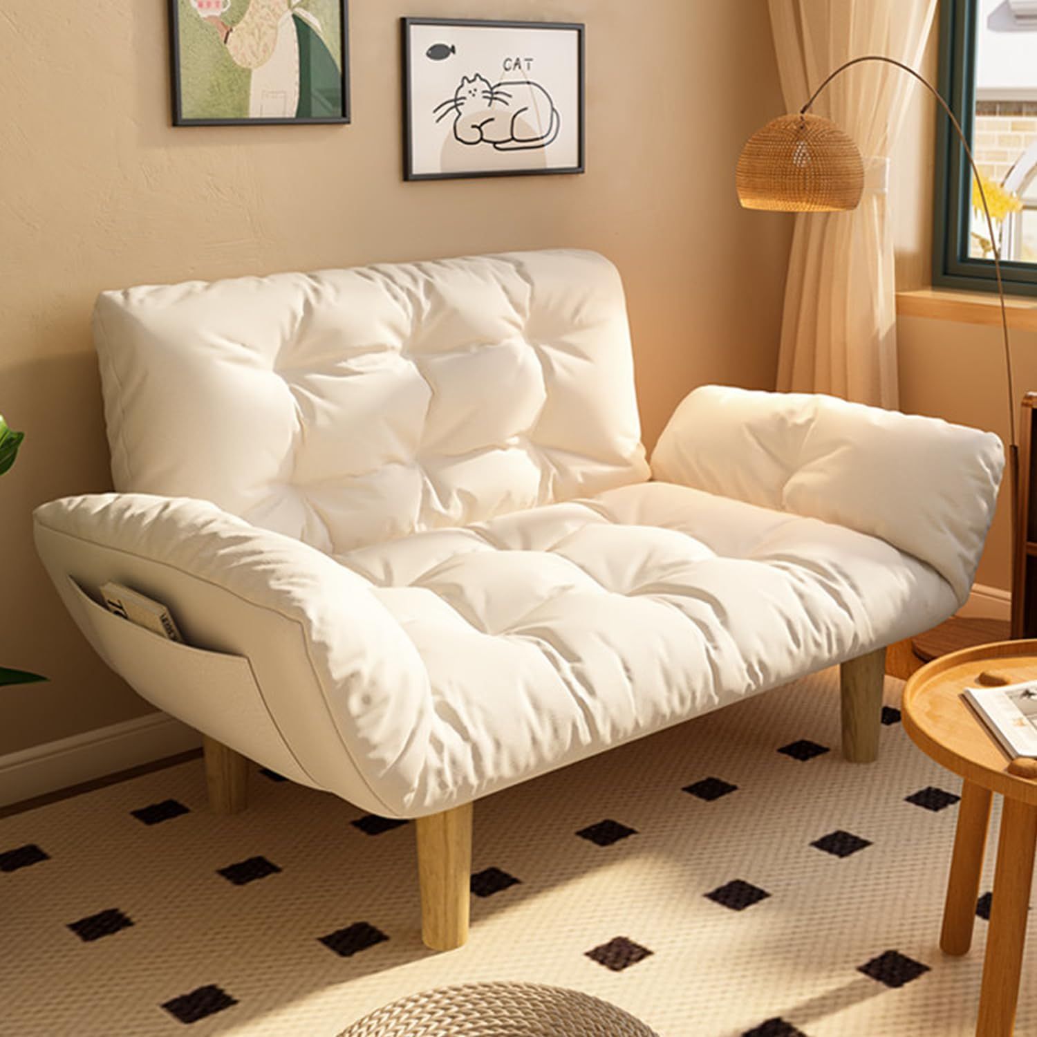 ◇コンパクトソファ 2人掛け 肘付き 天然木脚 幅110-150cm ロボット