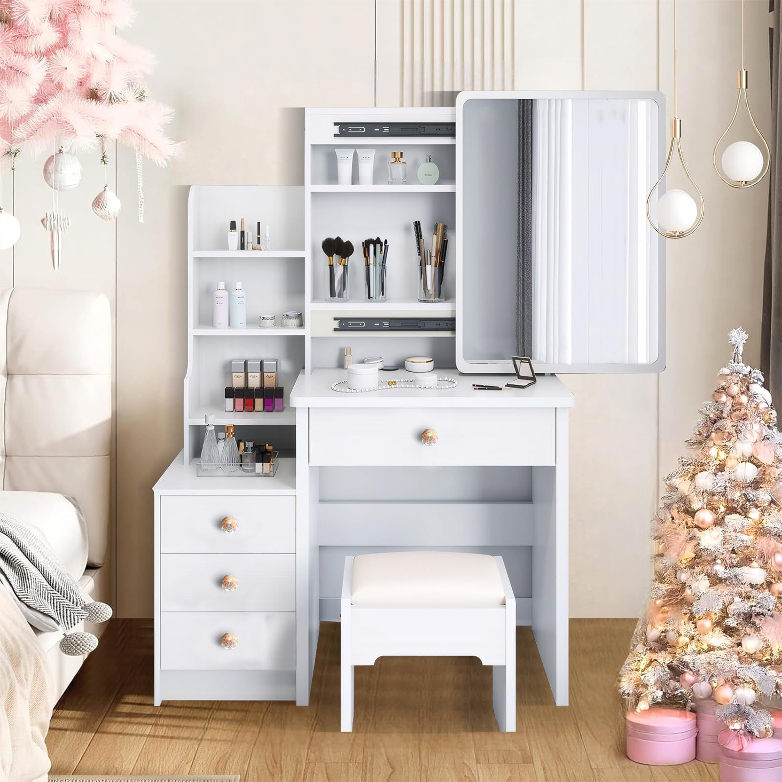 ◇ドレッサー 鏡台 コンパクト 3段引き出し 収納 化粧台 スライド式