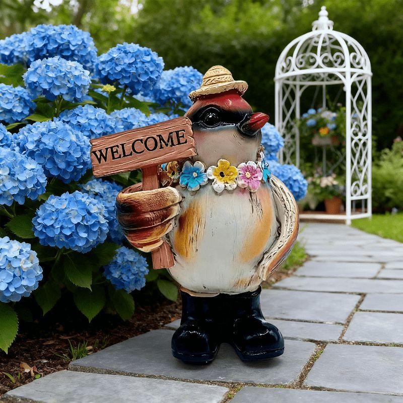 置物 オブジェ ガーデンオーナメント ウェルカムボードを持っている鳥