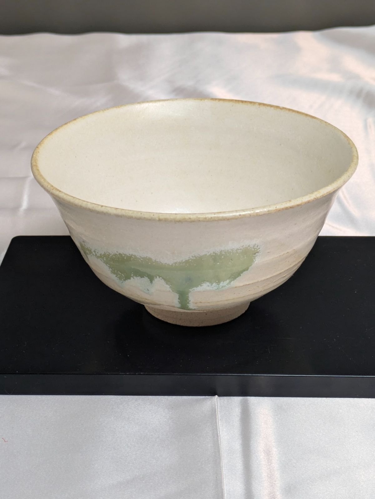 鹿野山窯 福茶碗 抹茶碗 茶道具 緑釉 ビードロ 陶器 共箱付 目立つ傷