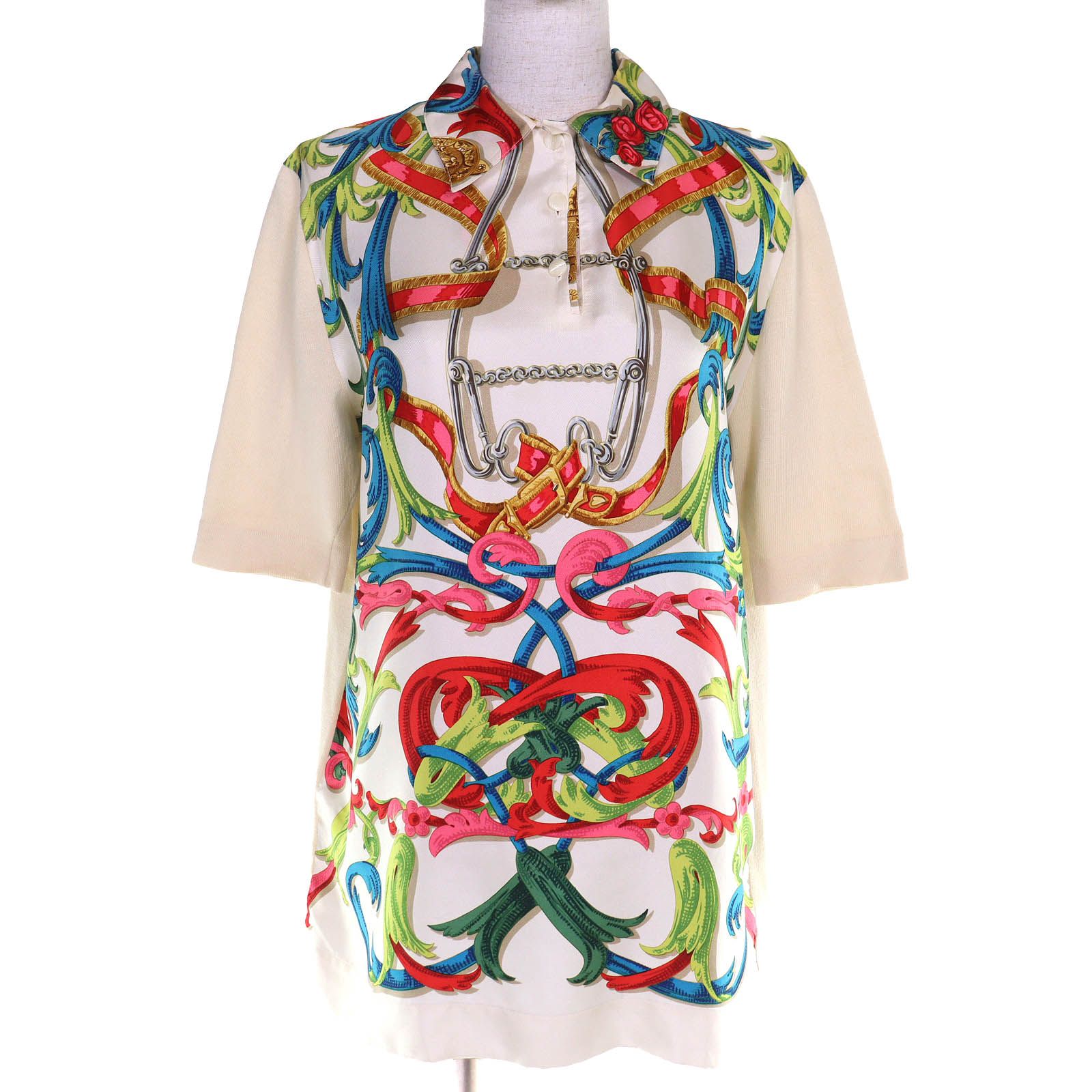 美品△HERMES エルメス ヴィンテージ LE MORS A LA CONETABLE 轡の気品 シルク100％ カシミヤ混 ツイルレーヌ Hロゴボタン 半袖ニット マルチカラー M イタリア製 正規品 レディース 美品△HERMES エルメス ヴィンテージ LE MORS A LA CONETABLE 轡の気品