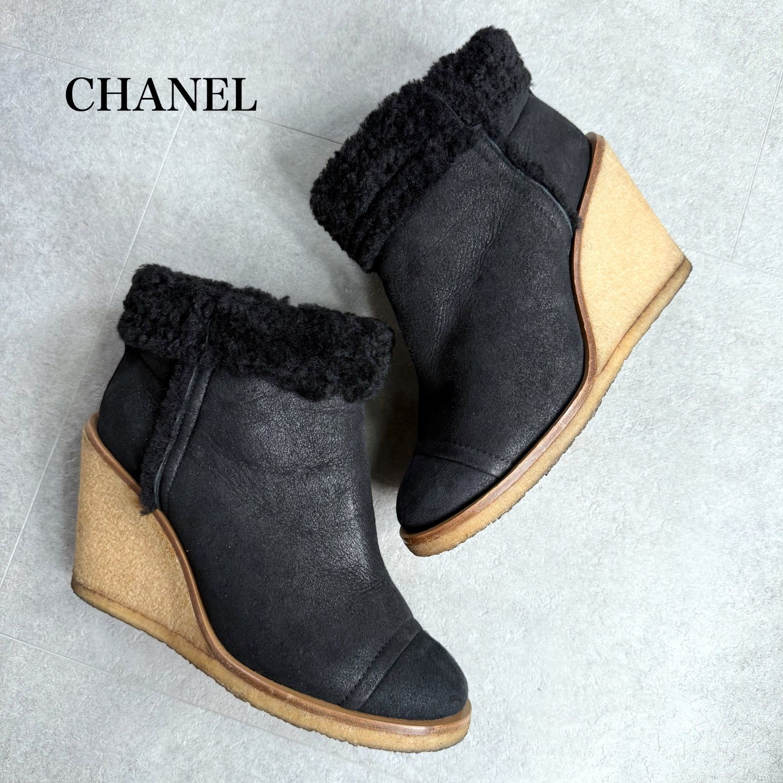 CHANEL シャネル ウェッジソール ムーントン ショートブーツ ボア ロゴ