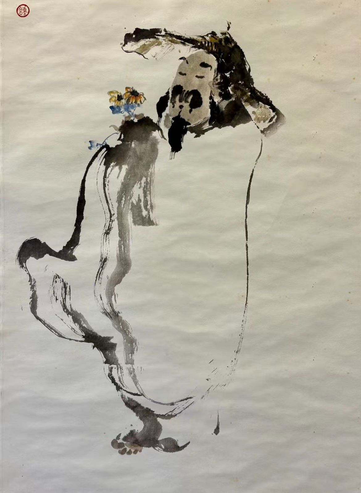 現代名家】鐘汝榮「淵明愛菊図」 額装 嶺南派 中国書画 陶淵明 文人画