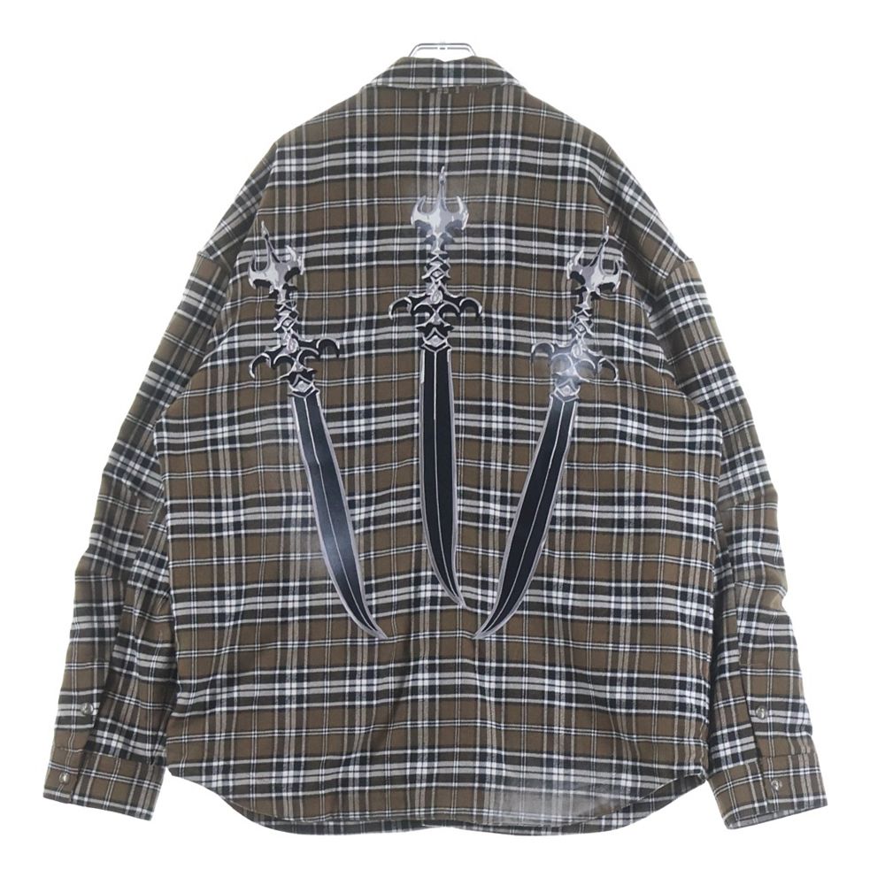 THUG CLUB (サグクラブ) 24AW ARAB SWORD FLANNEL CHECK SHIRT アラブ ソード刺繍 フランネル チェック 長袖シャツ ブラウン TC24SH2002