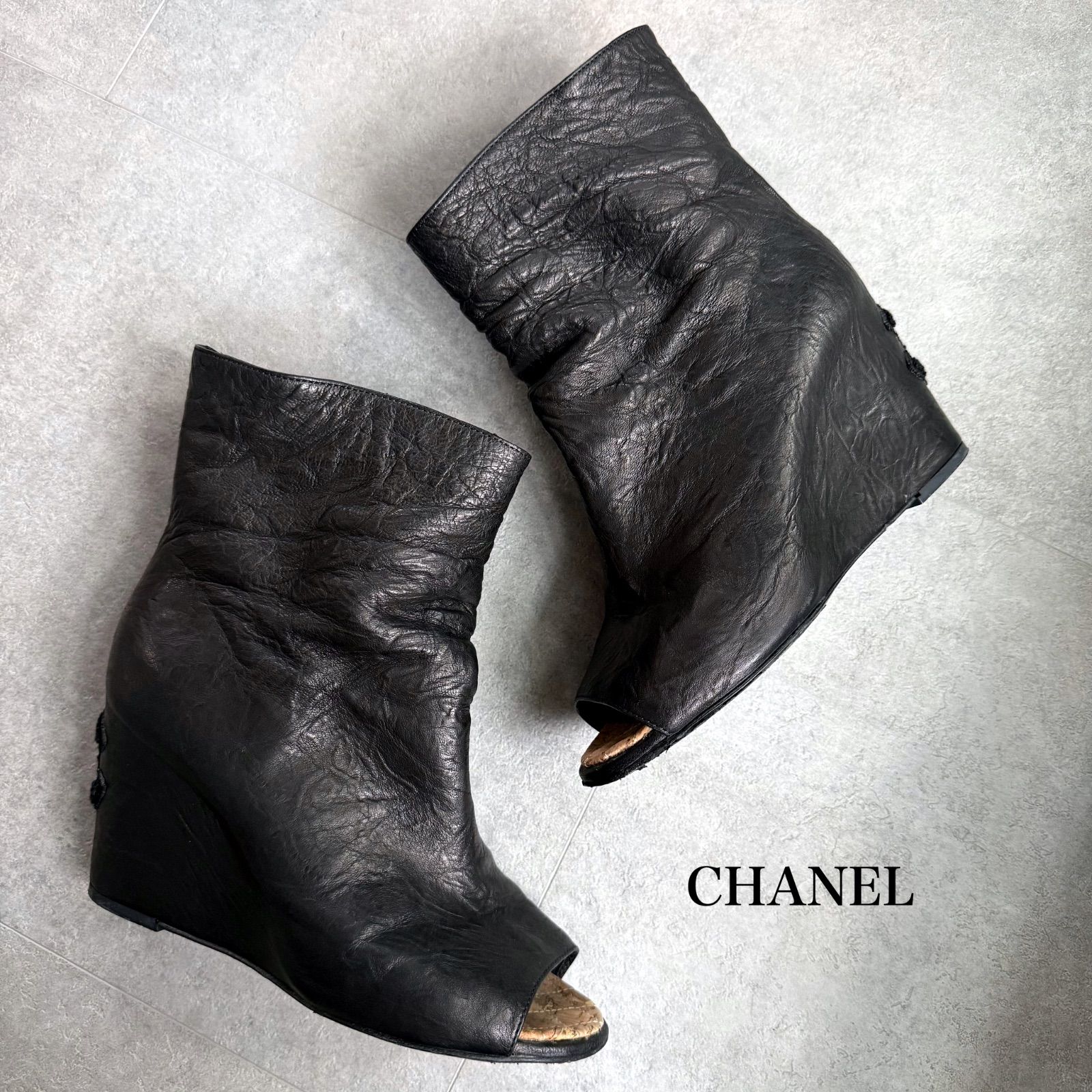 CHANEL シャネル ココマーク ウェジソールブーツ オープントゥー