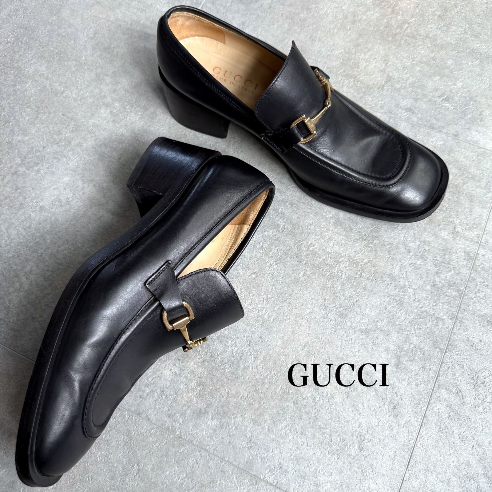 GUCCI スクエアトゥ ローファー 37.5 黒 箱あり 美品 GUCCI グッチ ホースビットローファー スクエアトゥ レザー