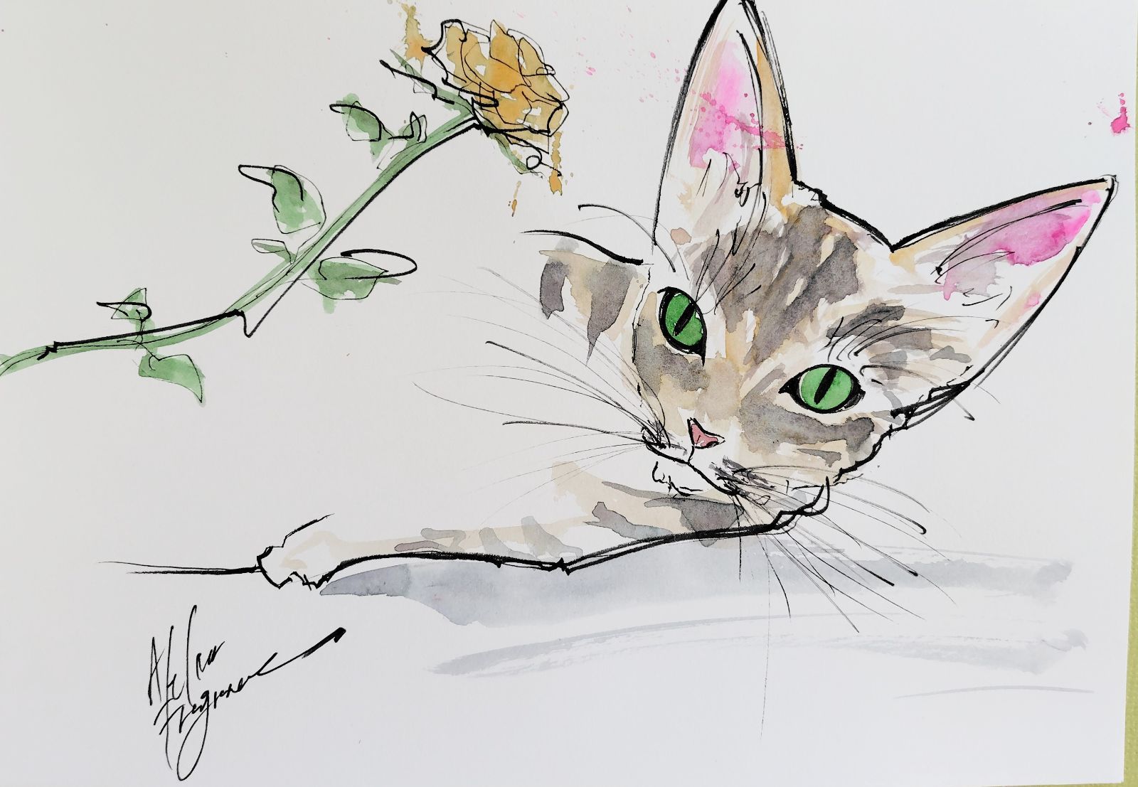 原画#385 猫 花 薔薇 水彩画 ドローイング イラスト インテリア アート