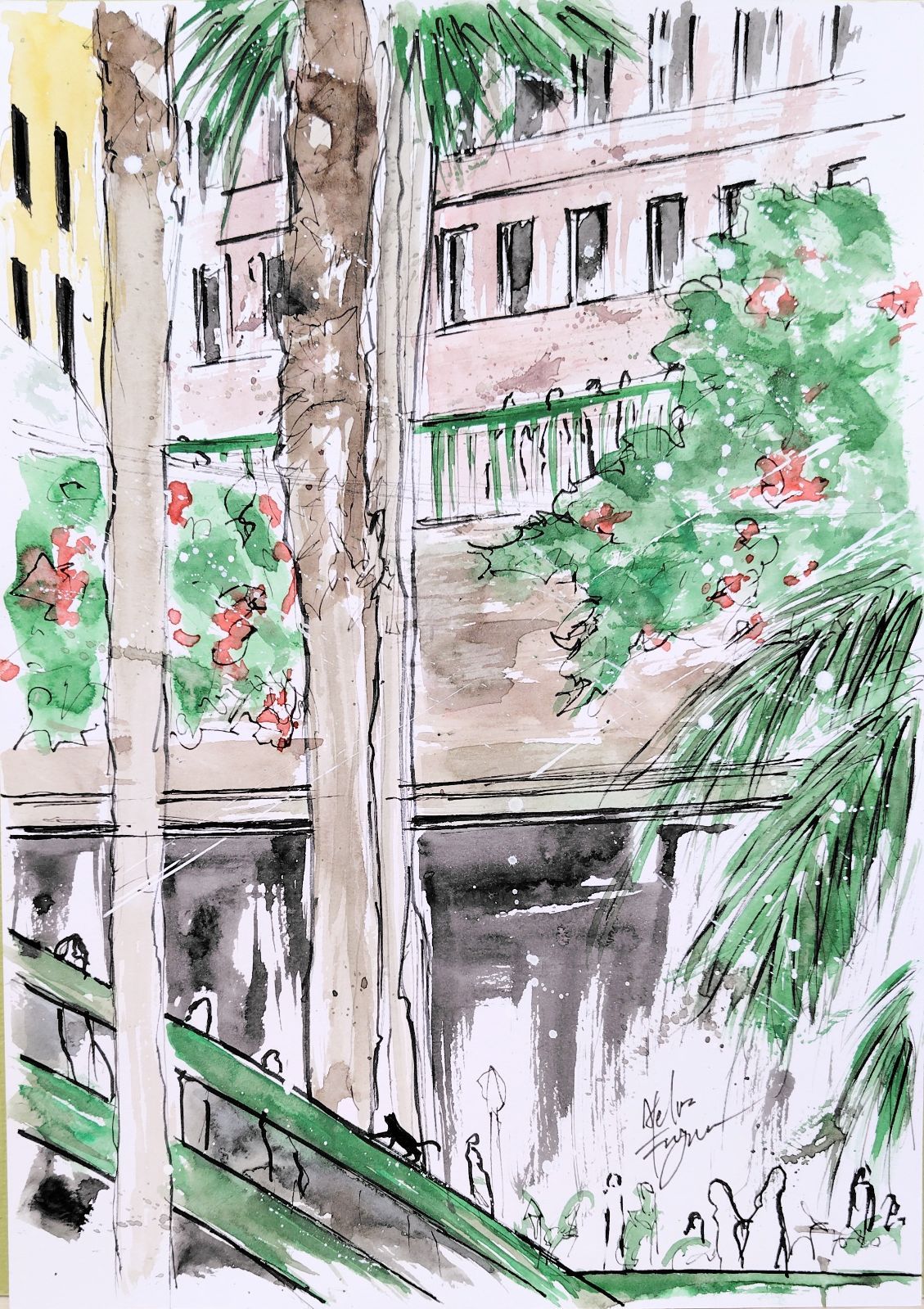 原画#384 黒猫 猫 ロサンゼルス 水彩画 ドローイング インテリア 風景