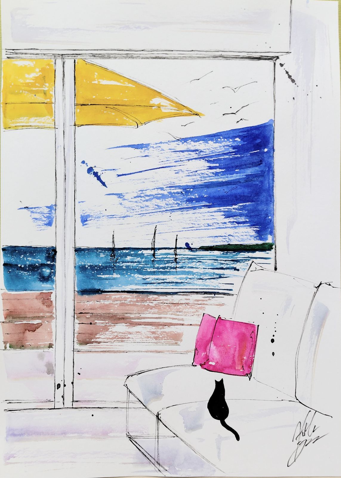 原画#381 黒猫 海 部屋 カンヌ フランス 水彩画 ドローイング