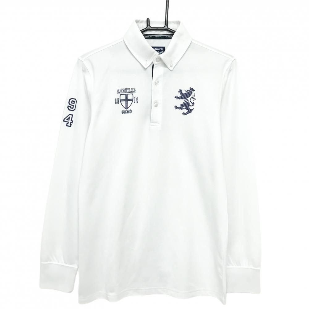 アドミラル 長袖ポロシャツ 白×ネイビー ロゴプリント ボタンダウン