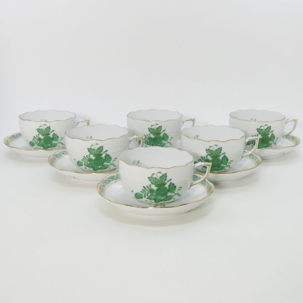 ヘレンド カップ＆ソーサー□アポニーグリーン C&S 6客セット インドの