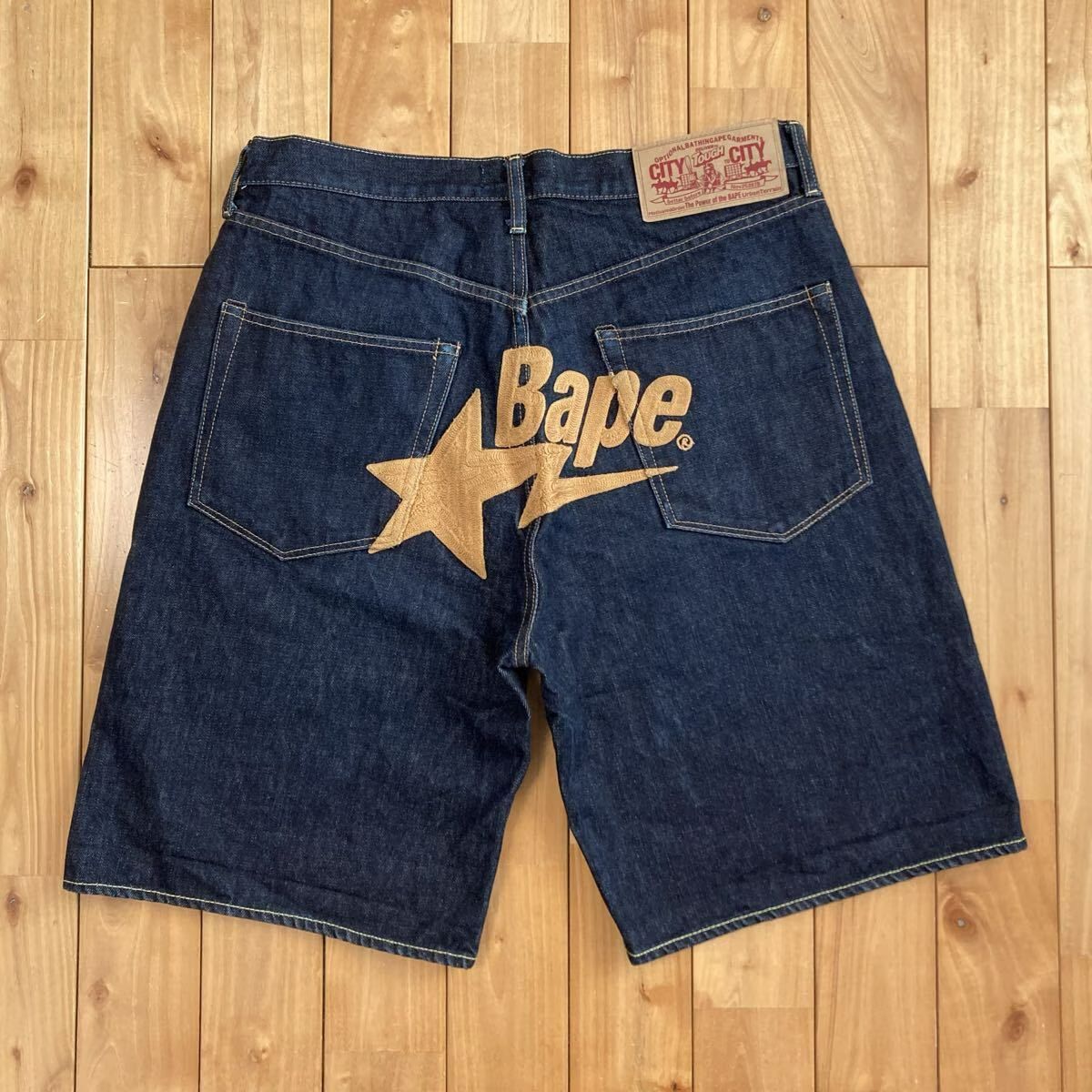 BAPESTA 刺繍 デニム ハーフパンツ Lサイズ a bathing ape BAPE sta
