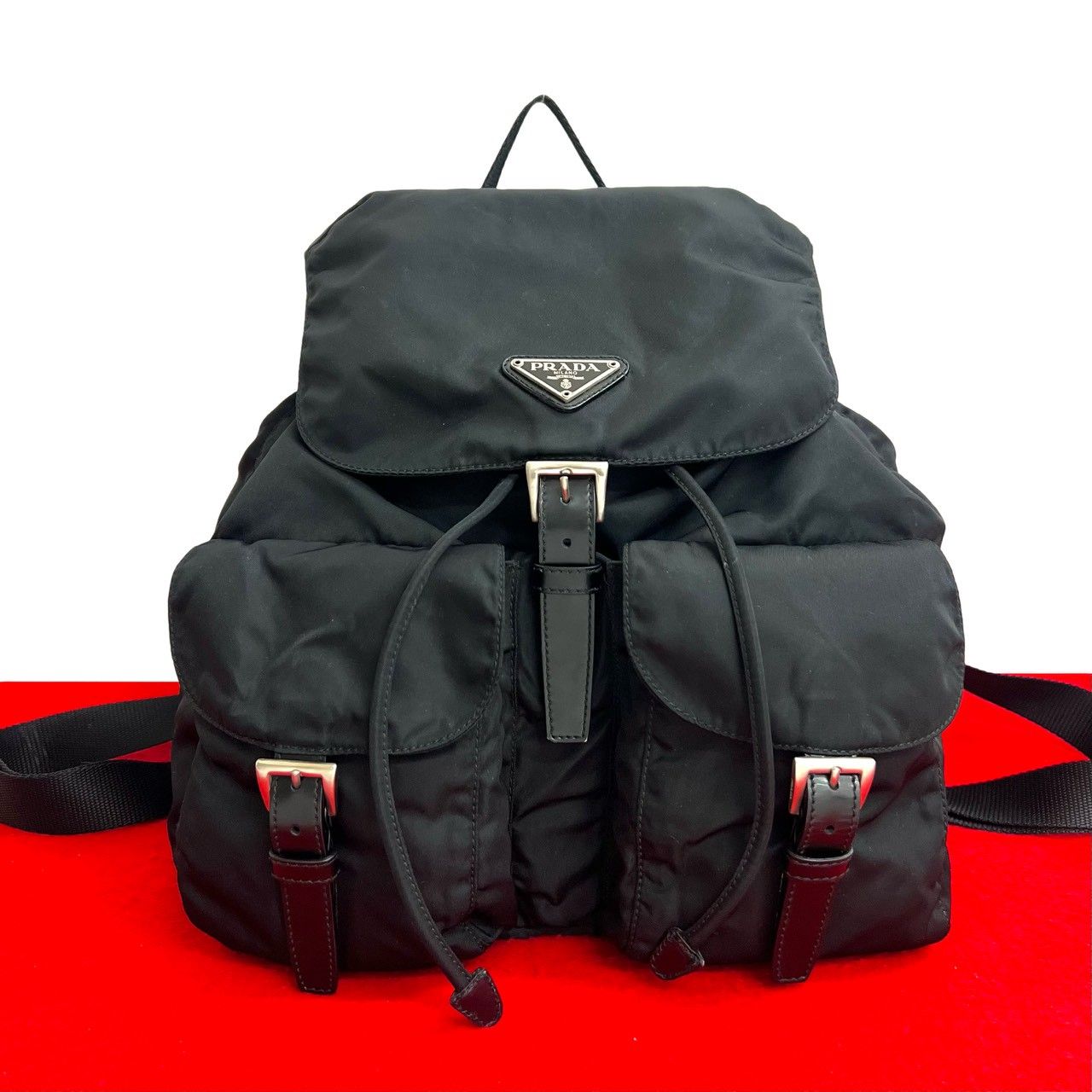 極 美品 PRADA プラダ 三角ロゴ プレート 金具 ナイロン カーフ レザー 