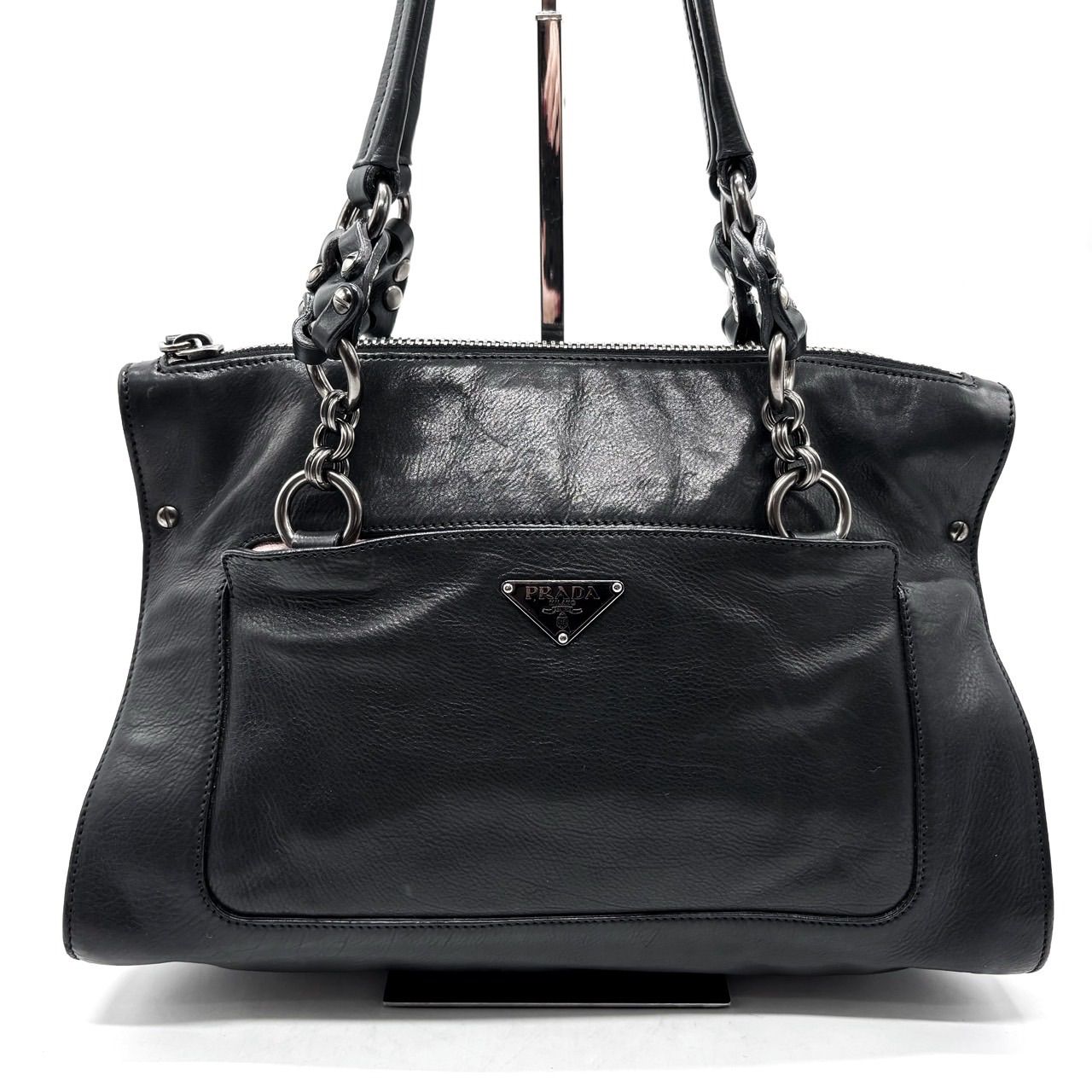 良品】PRADA プラダ トートバッグ ハンドバッグ 三角プレート チェーン 