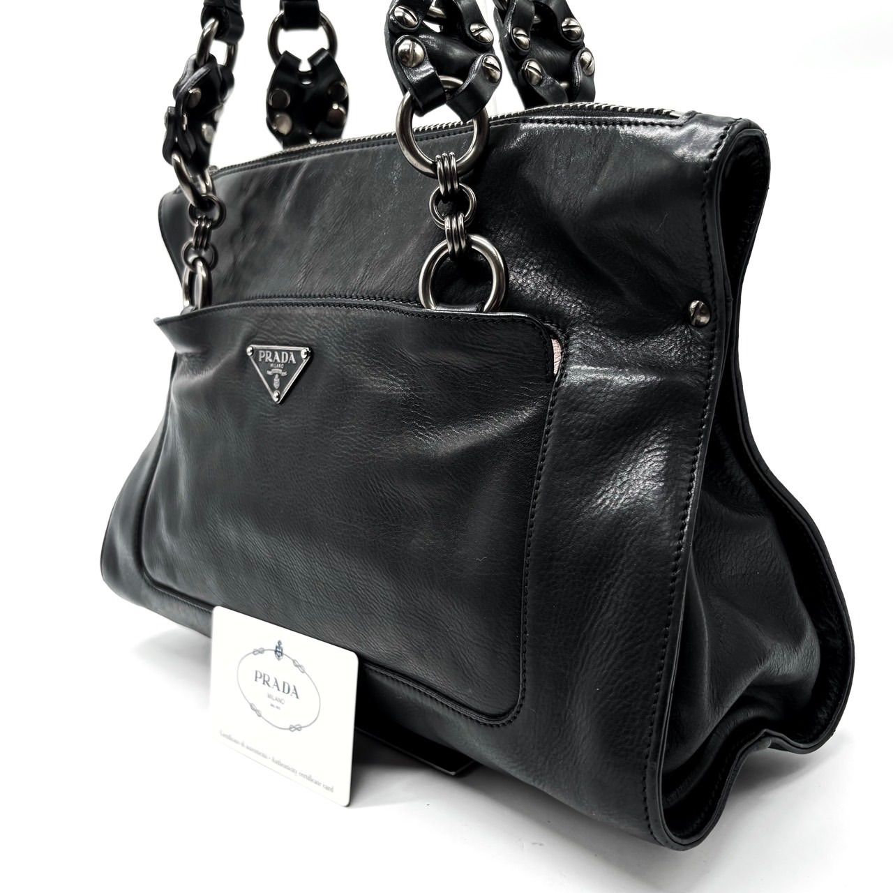 良品】PRADA プラダ トートバッグ ハンドバッグ 三角プレート チェーン