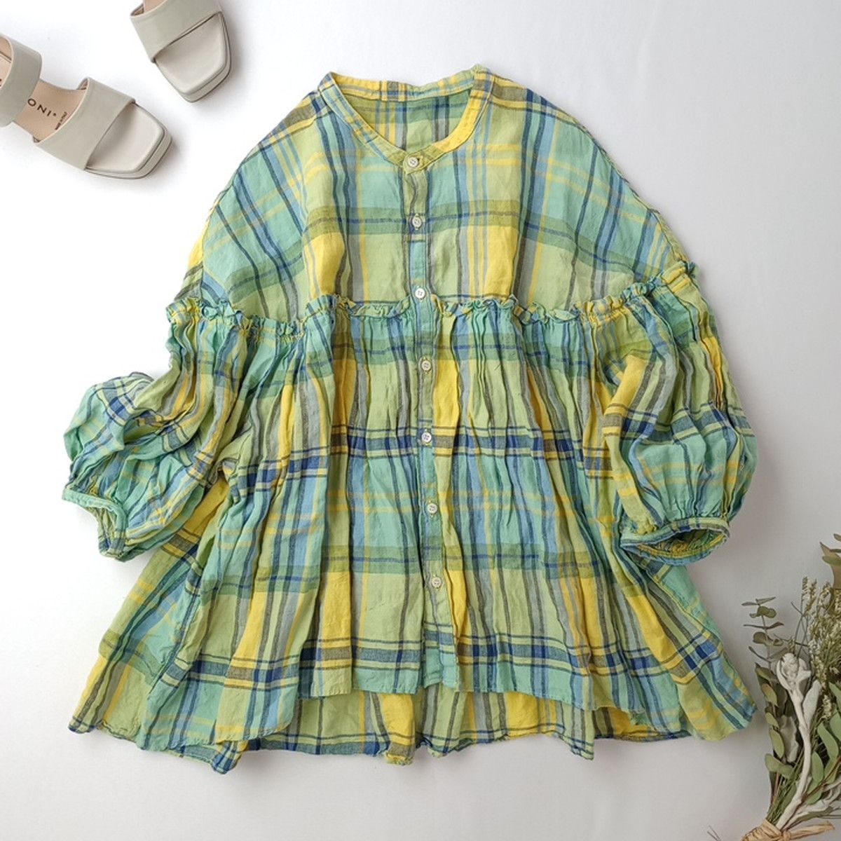 universal tissu ユニヴァーサルティシュ チェック バンドカラー