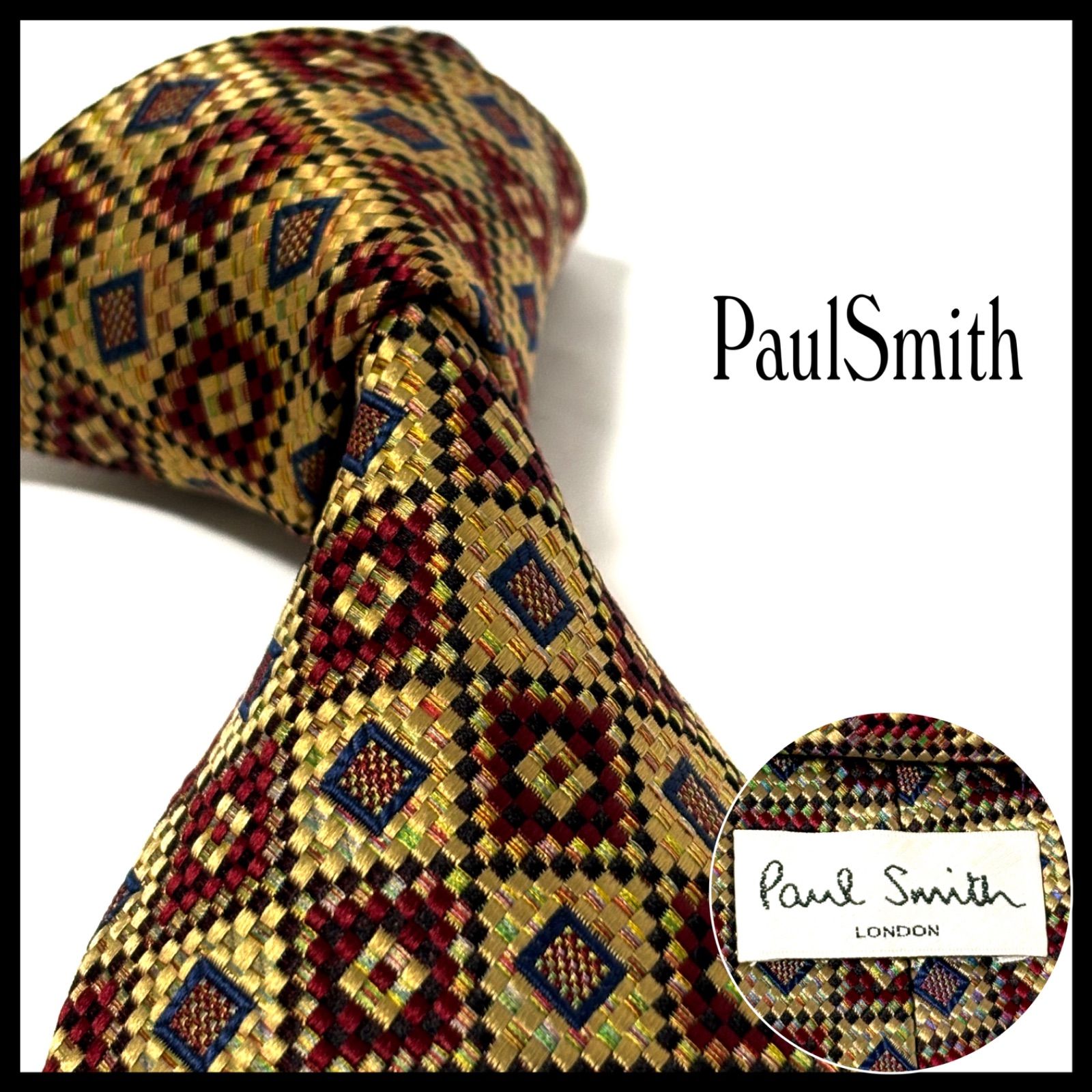 ネクタイ ポールスミス ブランド 光沢 小紋柄 ゴールド×レッド×ブルー
