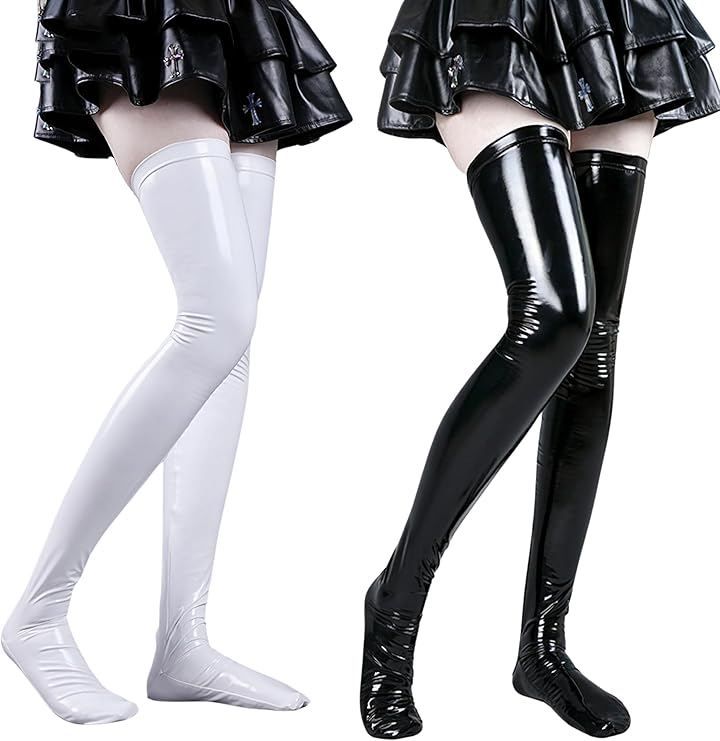 Rowaica レディース ニーハイソックス エナメル 光沢 ストッキング