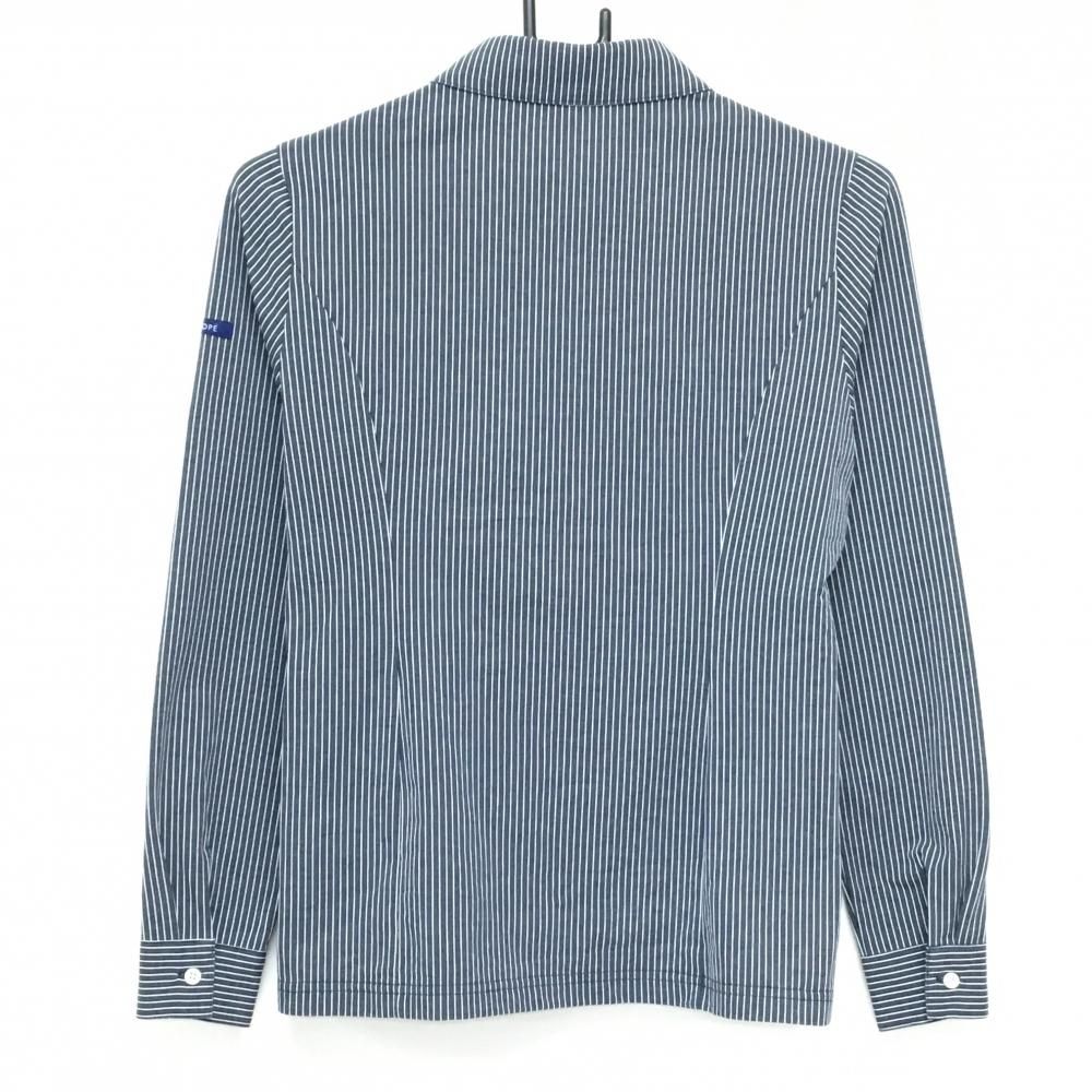 ジュンアンドロペ 長袖ポロシャツ ネイビー×白 ストライプ 胸ポケット