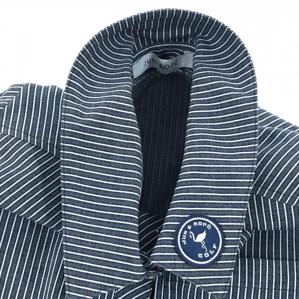 ジュンアンドロペ 長袖ポロシャツ ネイビー×白 ストライプ 胸ポケット