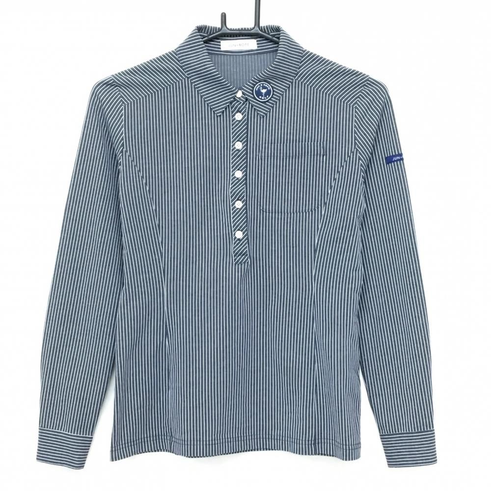 ジュンアンドロペ 長袖ポロシャツ ネイビー×白 ストライプ 胸ポケット