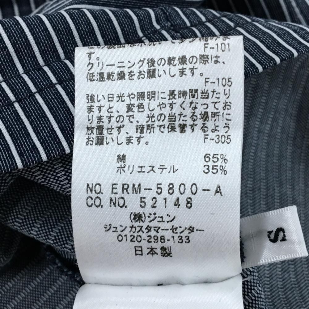 ジュンアンドロペ 長袖ポロシャツ ネイビー×白 ストライプ 胸ポケット