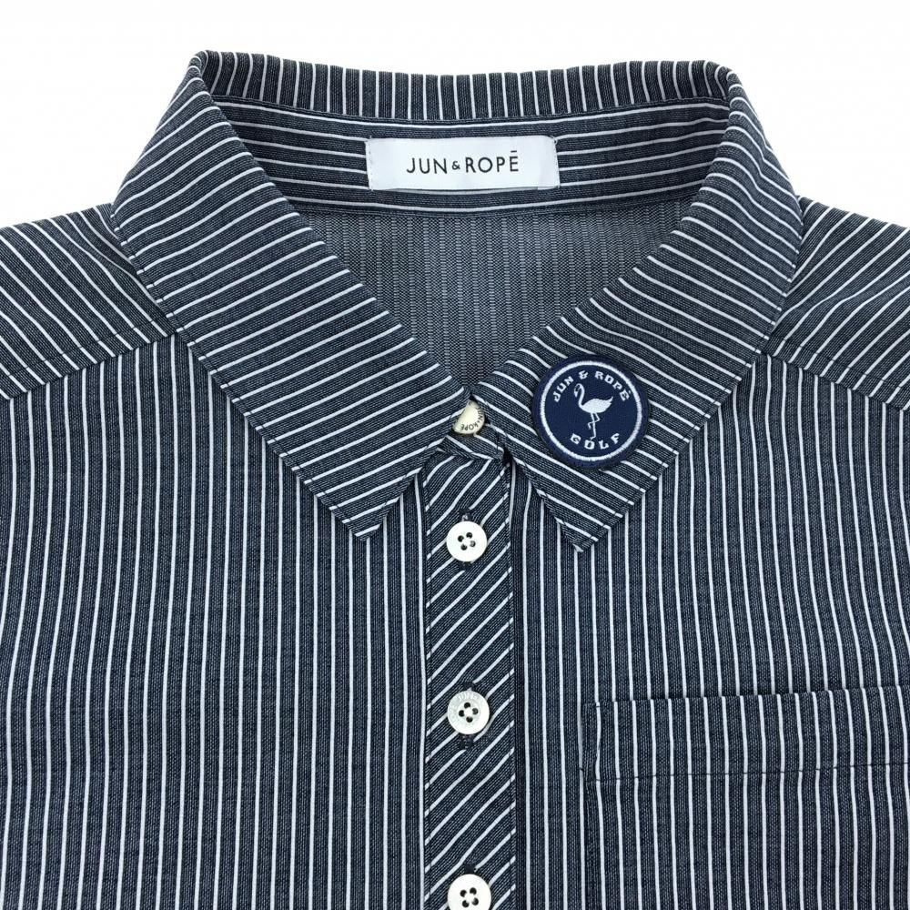 ジュンアンドロペ 長袖ポロシャツ ネイビー×白 ストライプ 胸ポケット