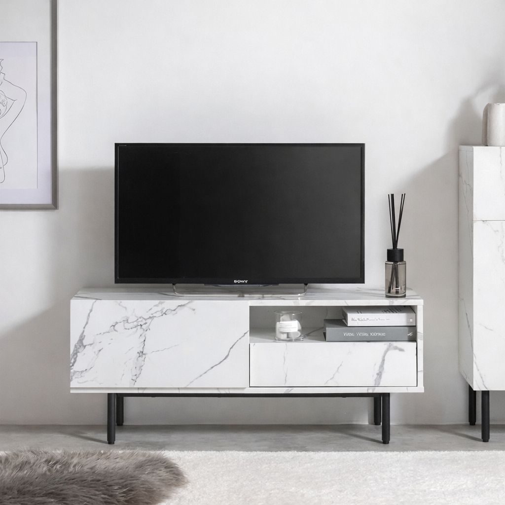 新品】テレビ台 ローボード 大理石調 幅100cm 収納付き ホワイト