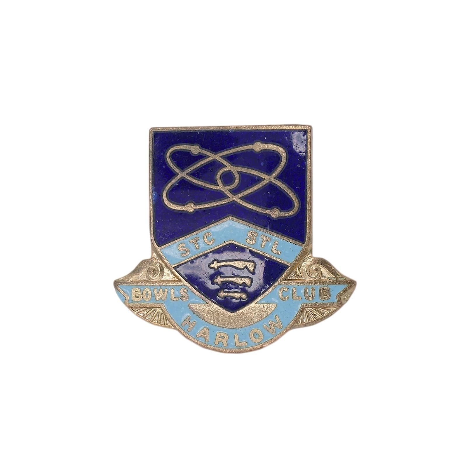 イギリス 企業STC 原子マーク 曲刀 ビンテージ ブローチ 英国 BOWLS