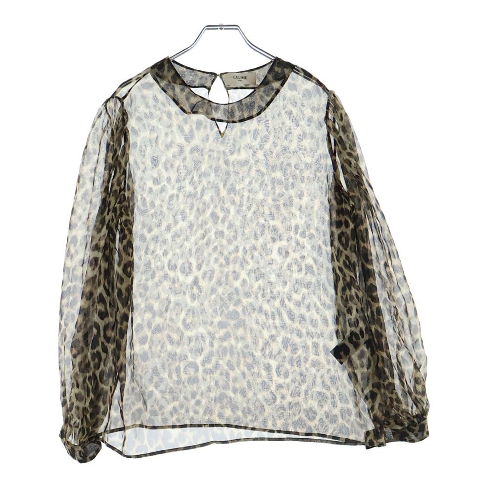 CELINE セリーヌ レオパード総柄 シルク シースルー トップス ブラウン レディース 2B077213D CELINE (セリーヌ) レオパード総柄 シルク シースルー トップス