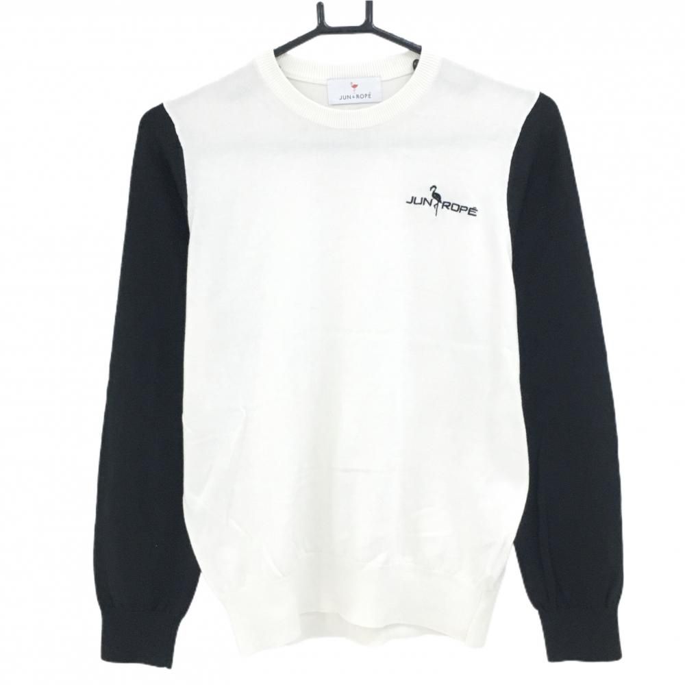 美品】ジュンアンドロペ セーター 白×黒 ロゴ刺しゅう コットン混
