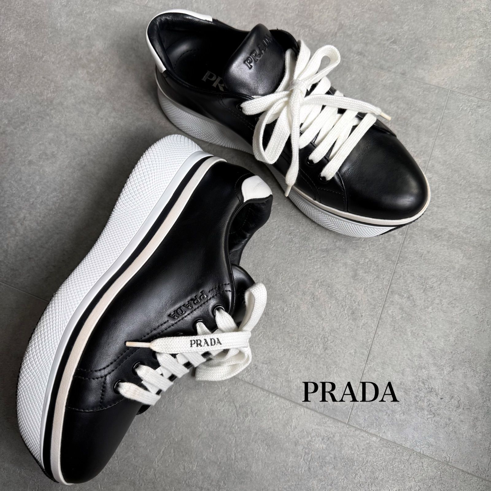 美品 PRADA プラダ 厚底スニーカー ブラック 黒 レザー 37.5