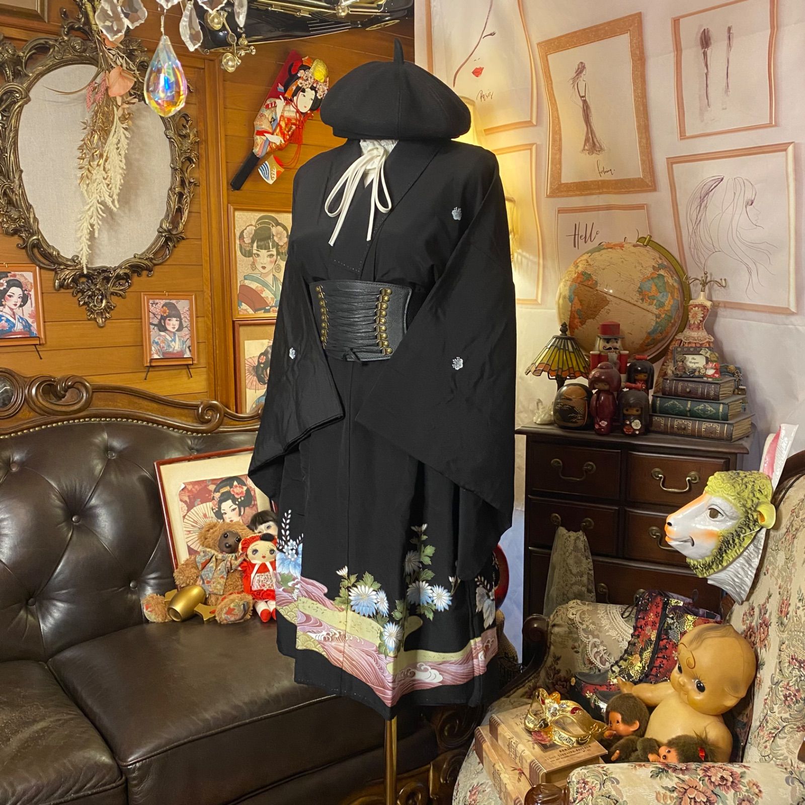 訳あり】黒留袖 着物 リメイク ミニミディワンピース ドレス 和洋折衷