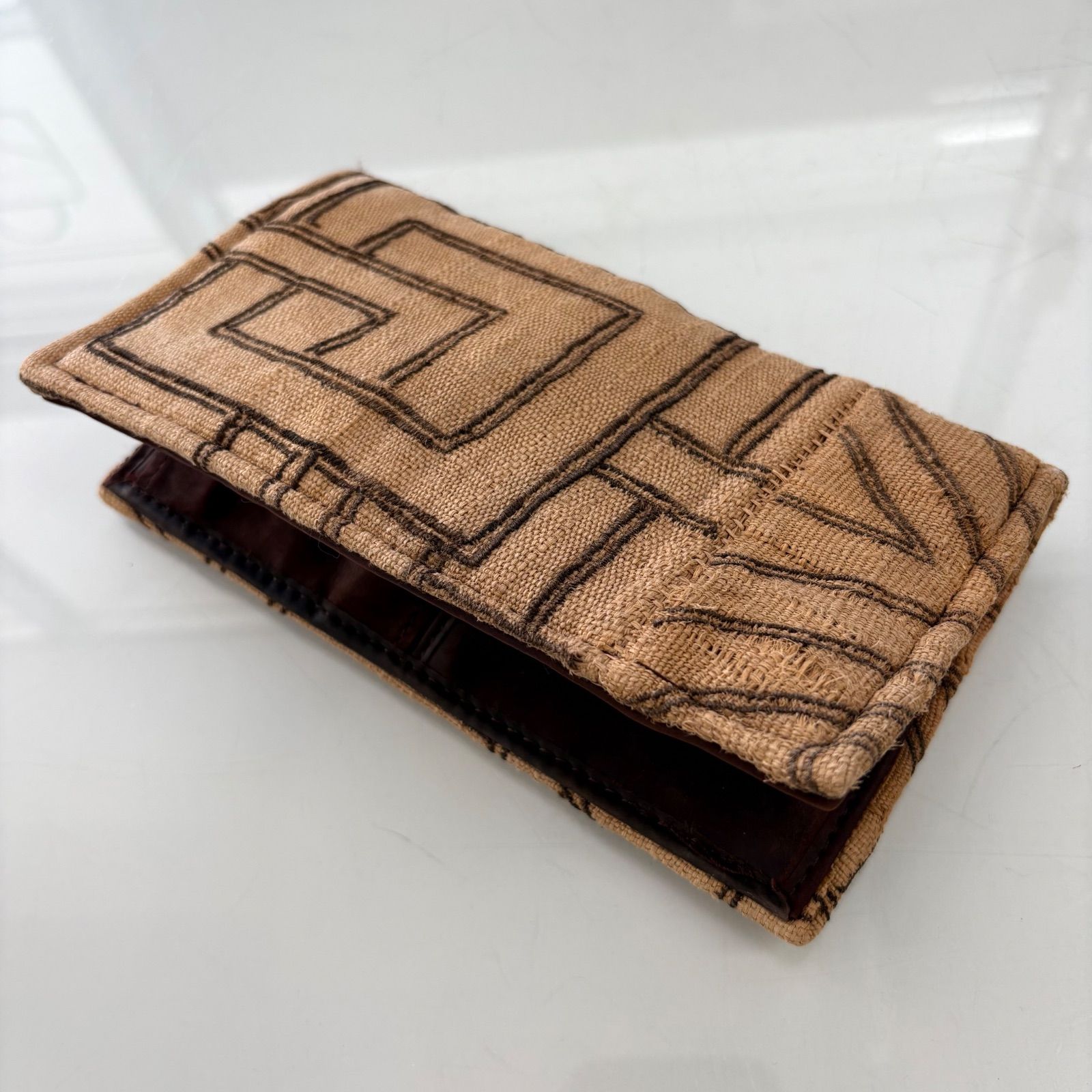希少 アフリカヴィンテージ ラフィア クバ布×レザー 長財布 コンゴ民主 
