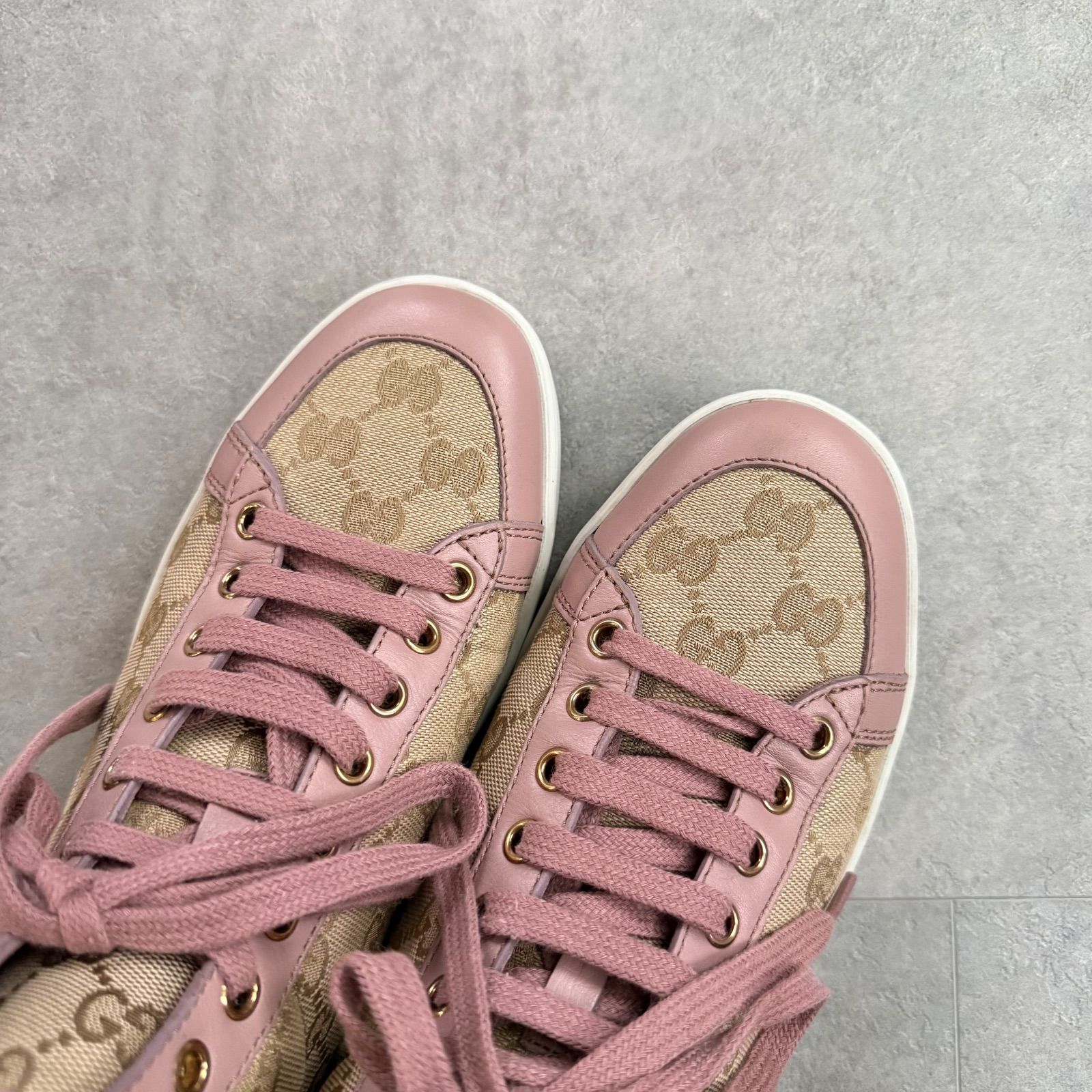 美品 GUCCI グッチ GGキャンバス ハイカットスニーカー ピンク レザー