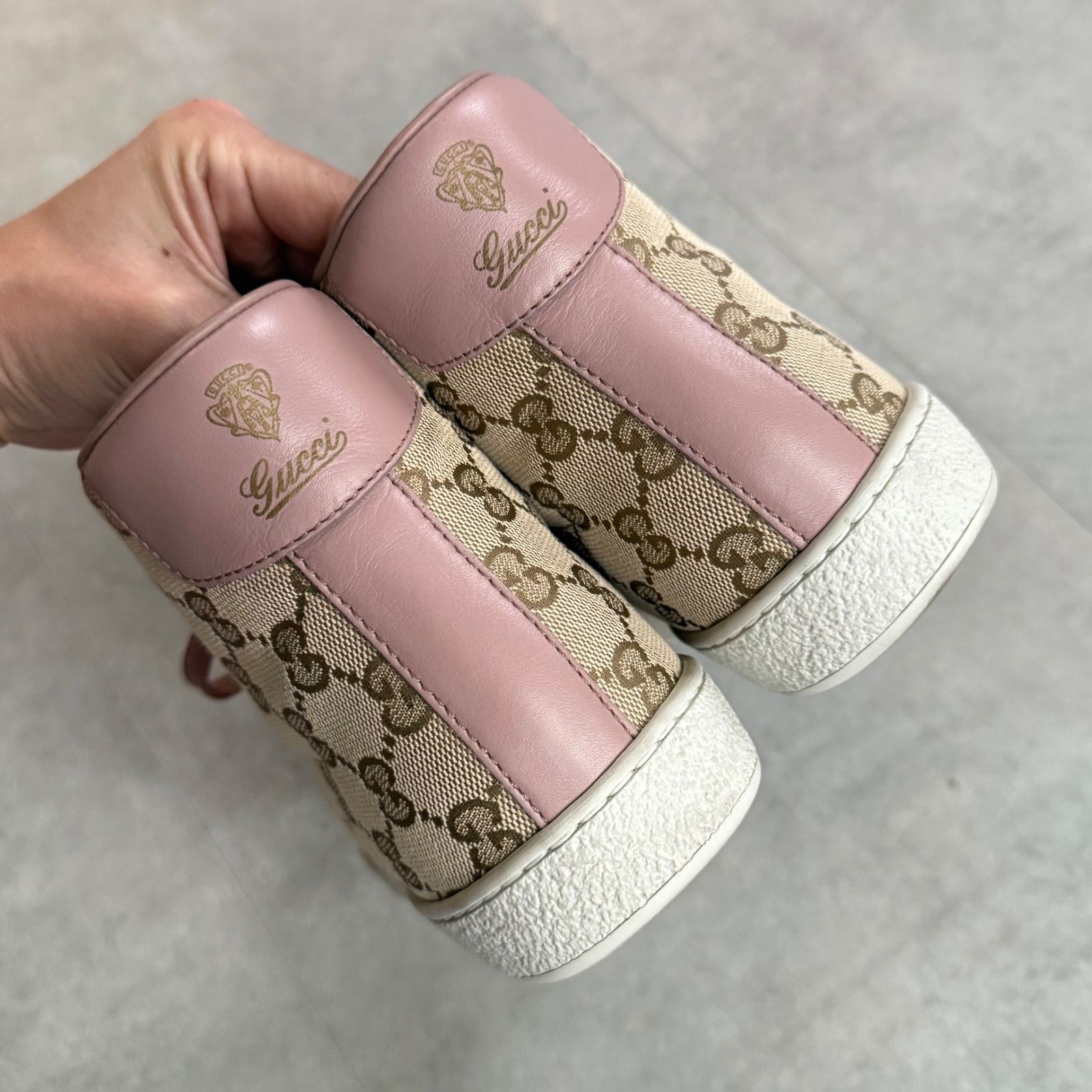 美品 GUCCI グッチ GGキャンバス ハイカットスニーカー ピンク レザー