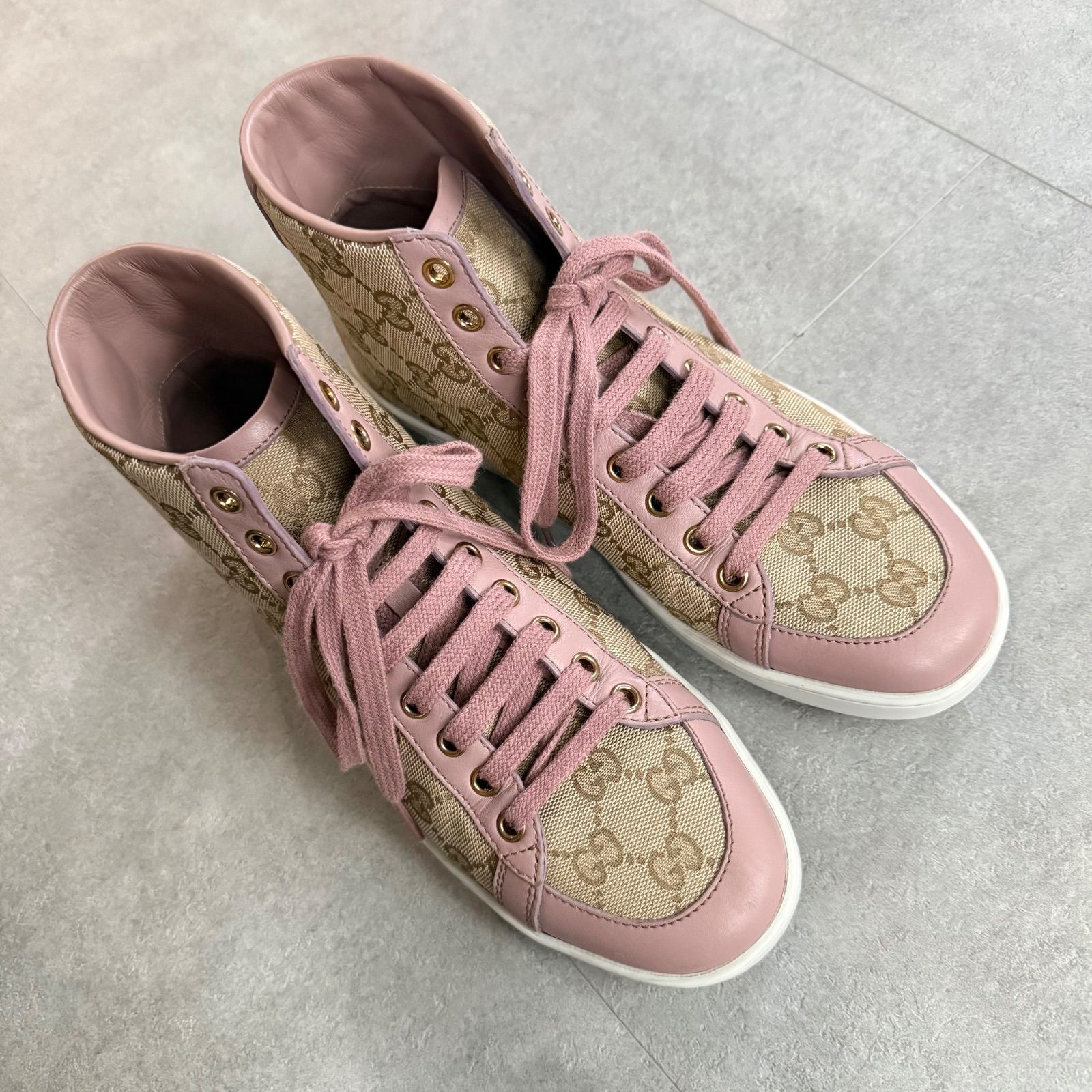 美品 GUCCI グッチ GGキャンバス ハイカットスニーカー ピンク レザー